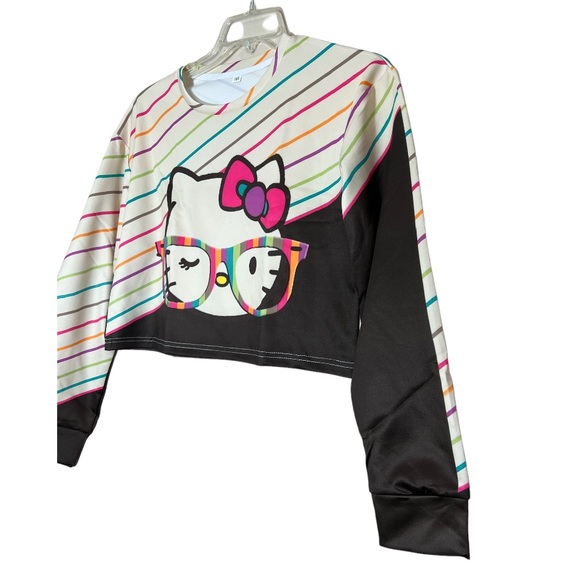 ❌SOLD❌Hello Kitty wearing glasses black ivory stripe long sleeve crop top medium - Picture 3 of 7